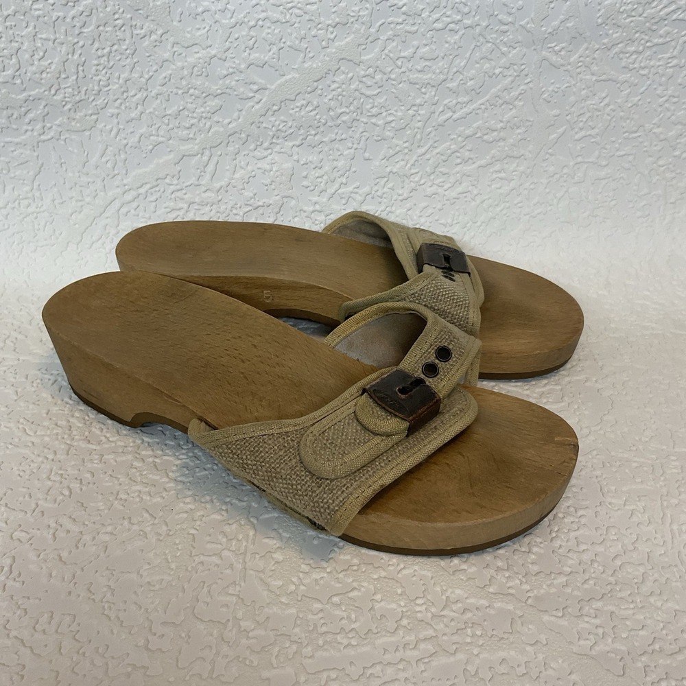 Vintage Dr Scholl's Exercise Sandals Wood Sole Women's Sz  5 Khaki Austria 1977